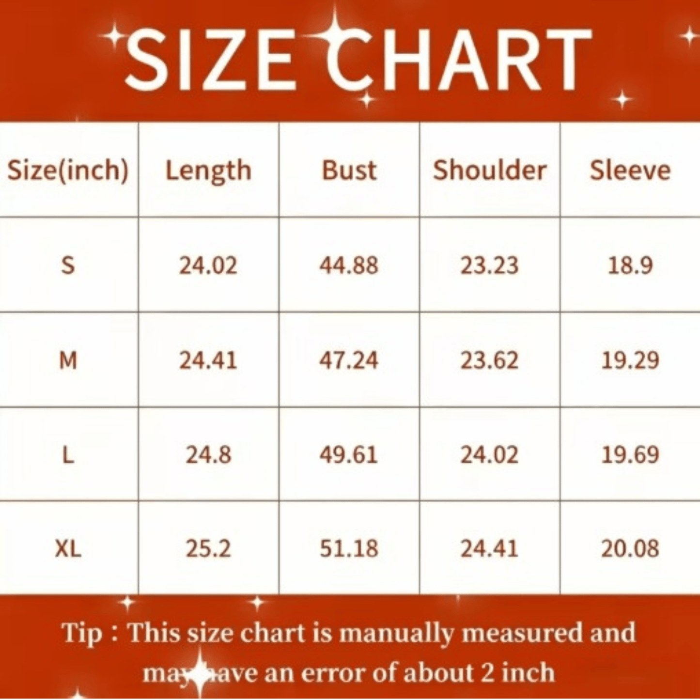 A size chart table with columns for Size (S, M, L, XL), Length, Bust, Shoulder, and Sleeve, shown on a red background with white text and star accents.