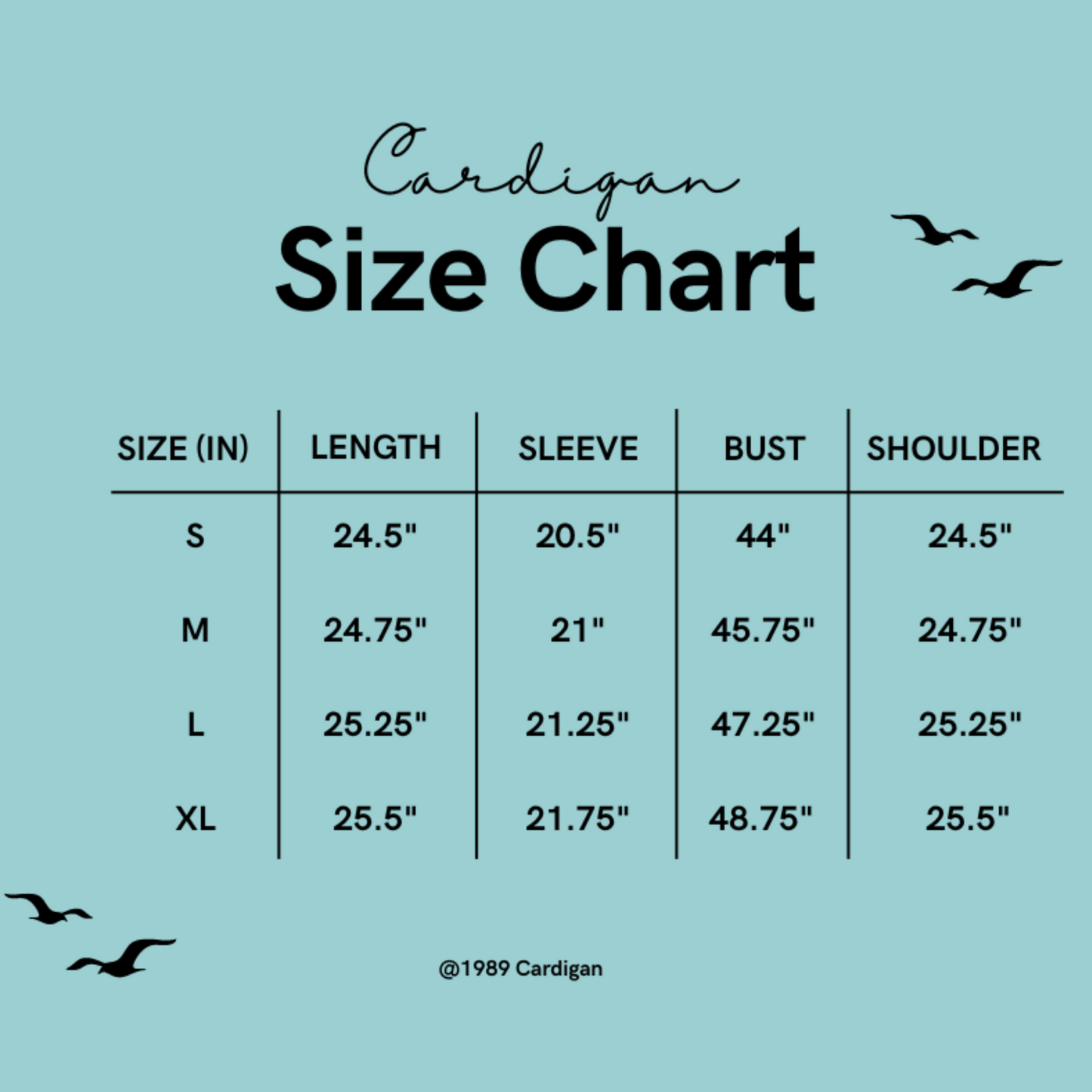 1989 Cardigan Size Chart - Shoptown Boutique