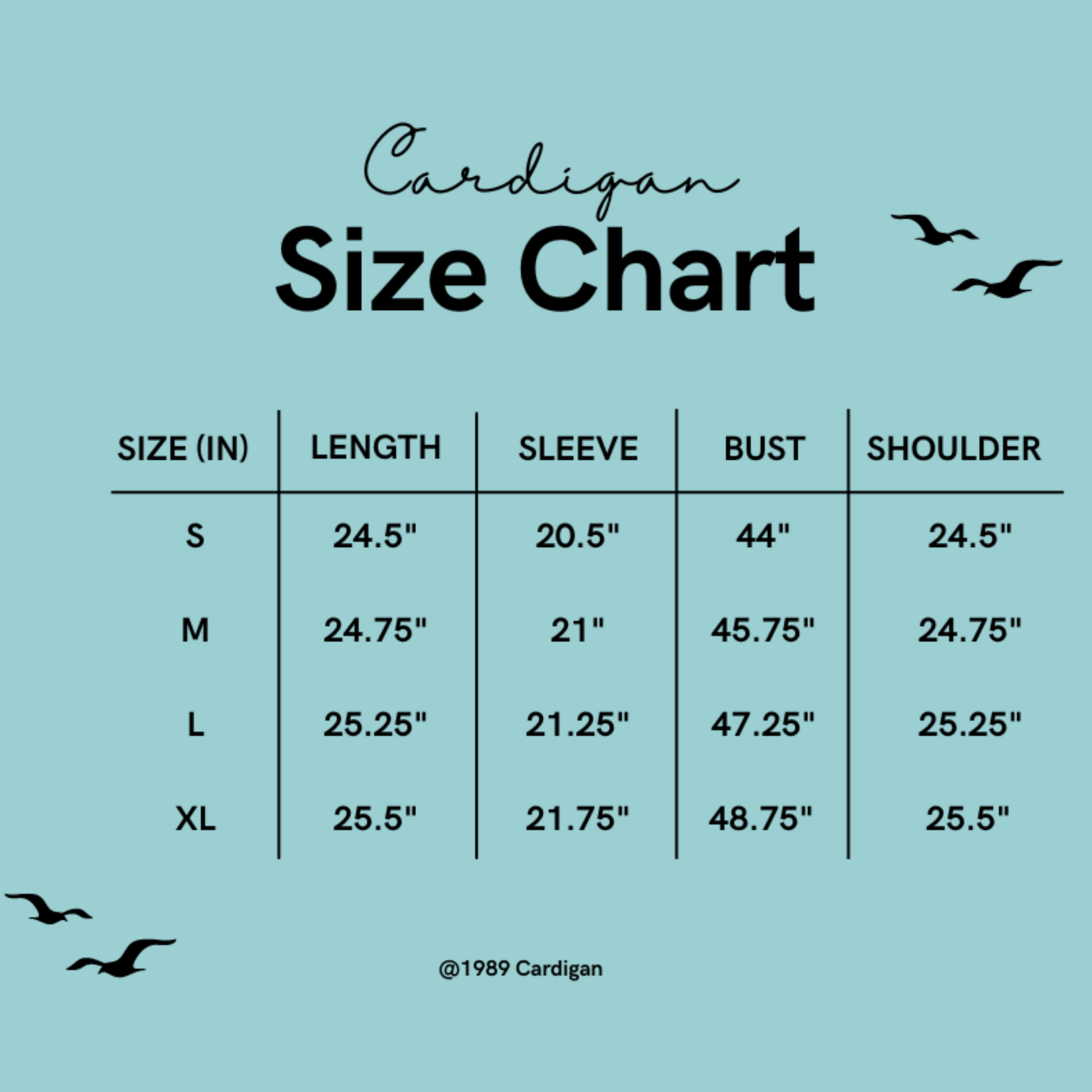 1989 Cardigan Size Chart - Shoptown Boutique