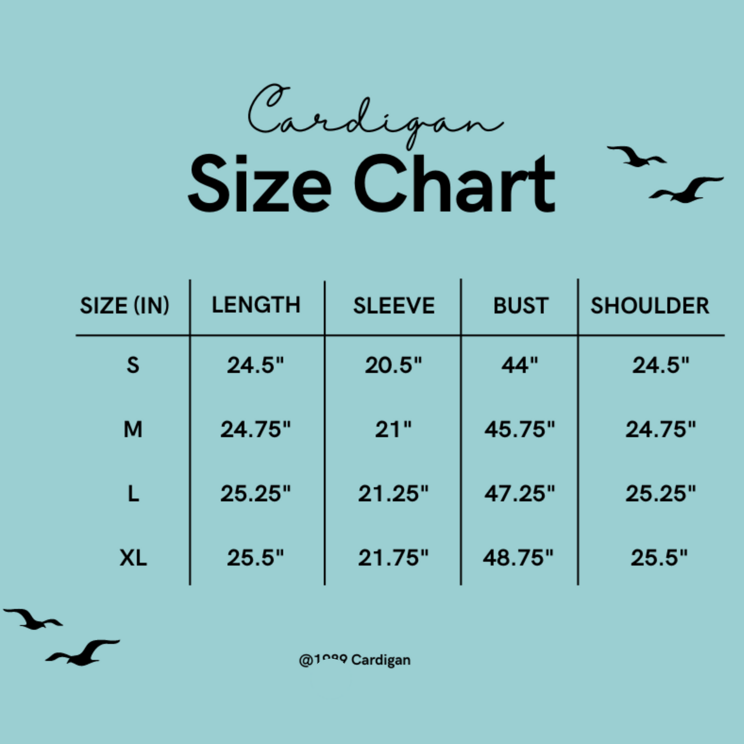 1989 Cardigan Size Chart - Shoptown Boutique