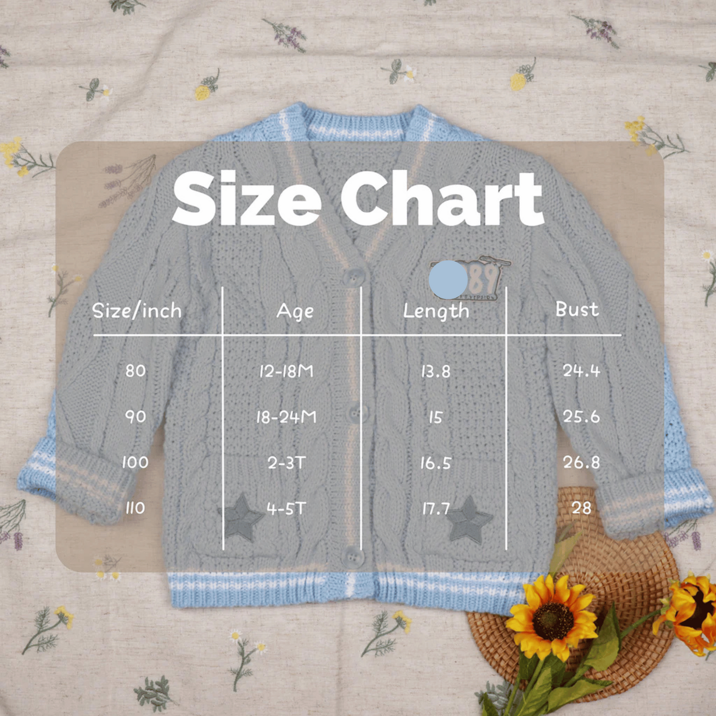 Size chart for a child's sweater on a floral background with sunflowers.