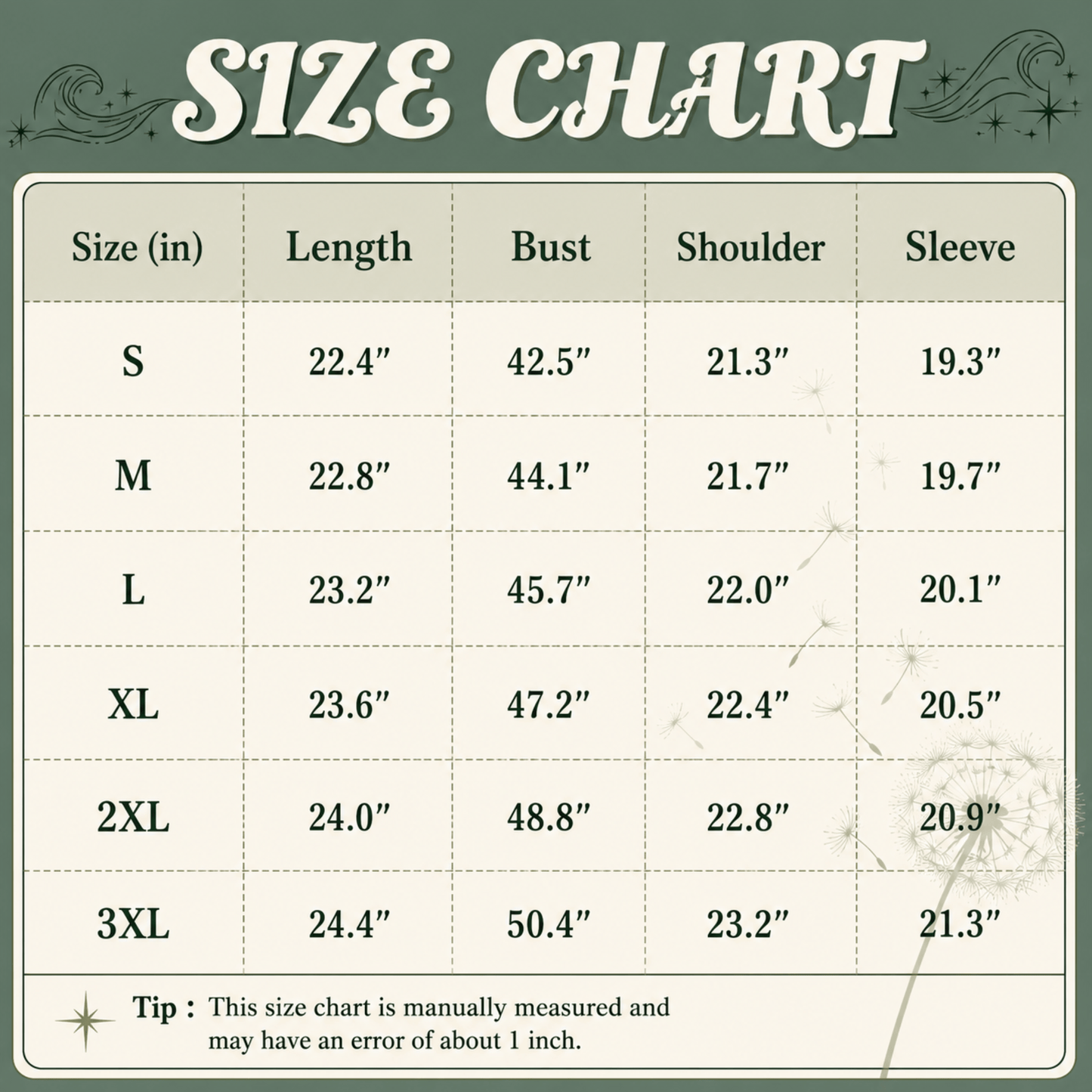 A size chart graphic with a dark green header reading 'SIZE CHART' and a table listing sizes S through 3XL with measurements for length, bust, shoulder, and sleeve. A small tip note at the bottom says the chart is manually measured and may have an error of about 1 inch.