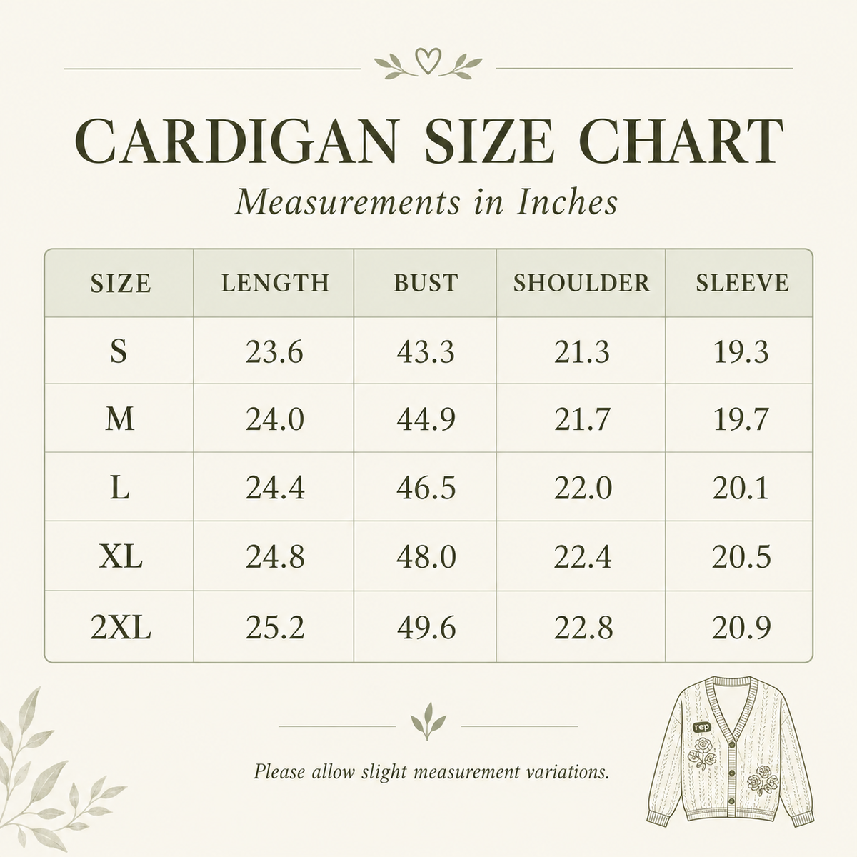 Cardigan size chart table showing measurements in inches for sizes S through 2XL, with columns for size, length, bust, shoulder, and sleeve. The chart is presented on a light beige background with decorative leaf motifs and a small cardigan illustration at the bottom right.