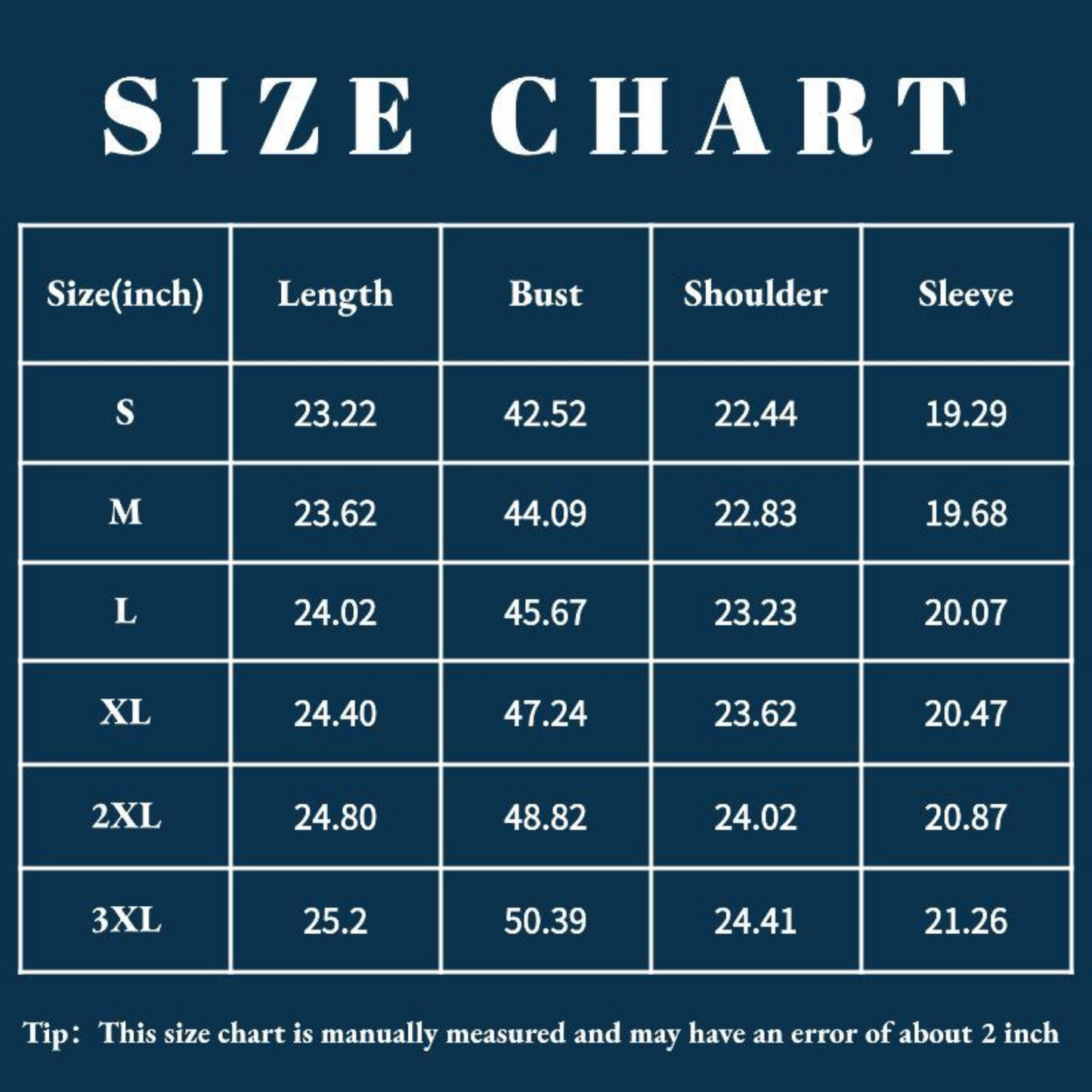 Size chart for clothing measurements on a blue background