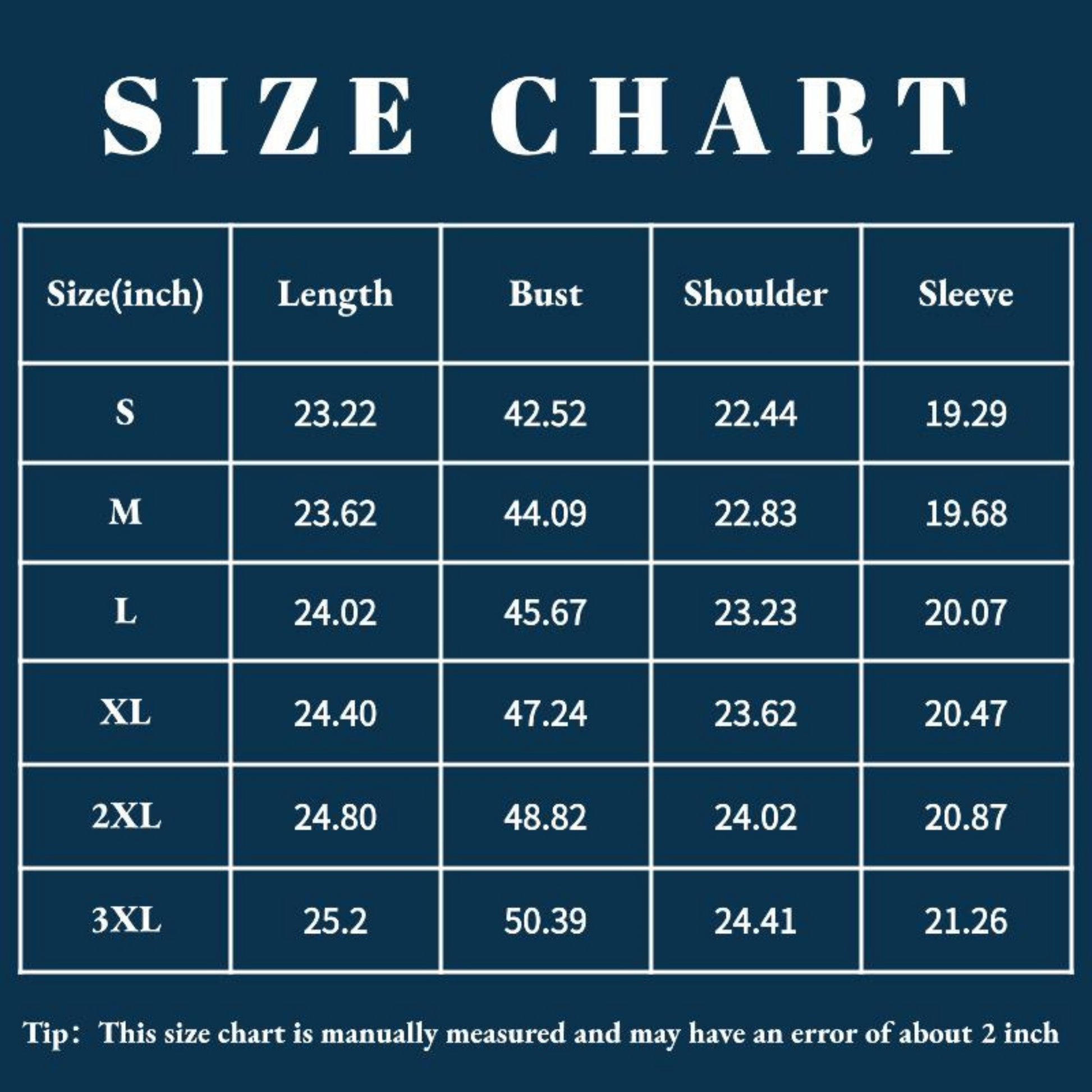 Size chart for clothing measurements on a blue background