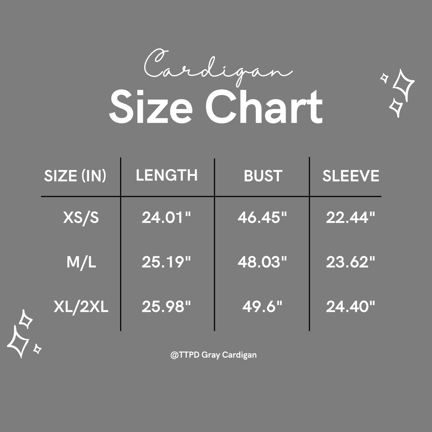 Taylor Swift Gray TTPD Cardigan Size chart - Shoptown Boutique