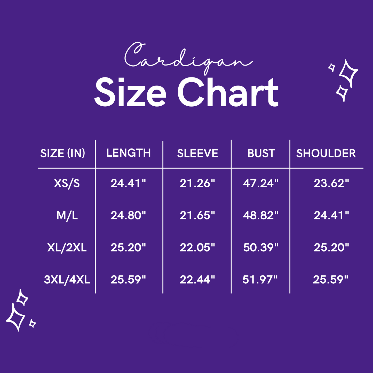 A purple size chart graphic for a cardigan, titled 'Cardigan Size Chart,' with a table listing sizes XS/S through 3XL/4L and measurements for length, sleeve, bust, and shoulder. The handle @Speak Now Cardigan appears at the bottom.