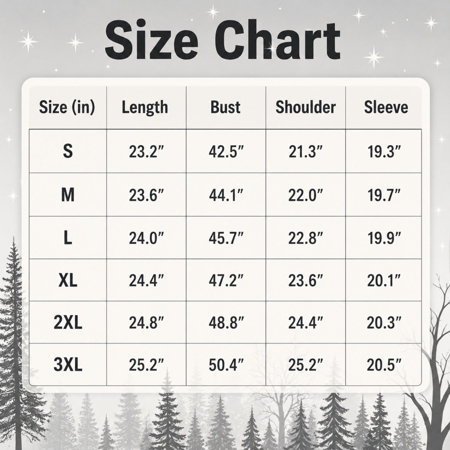 Size chart table with columns for Size (S through 3XL), Length, Bust, Shoulder, and Sleeve, shown on a light gray background with a winter tree illustration along the bottom.