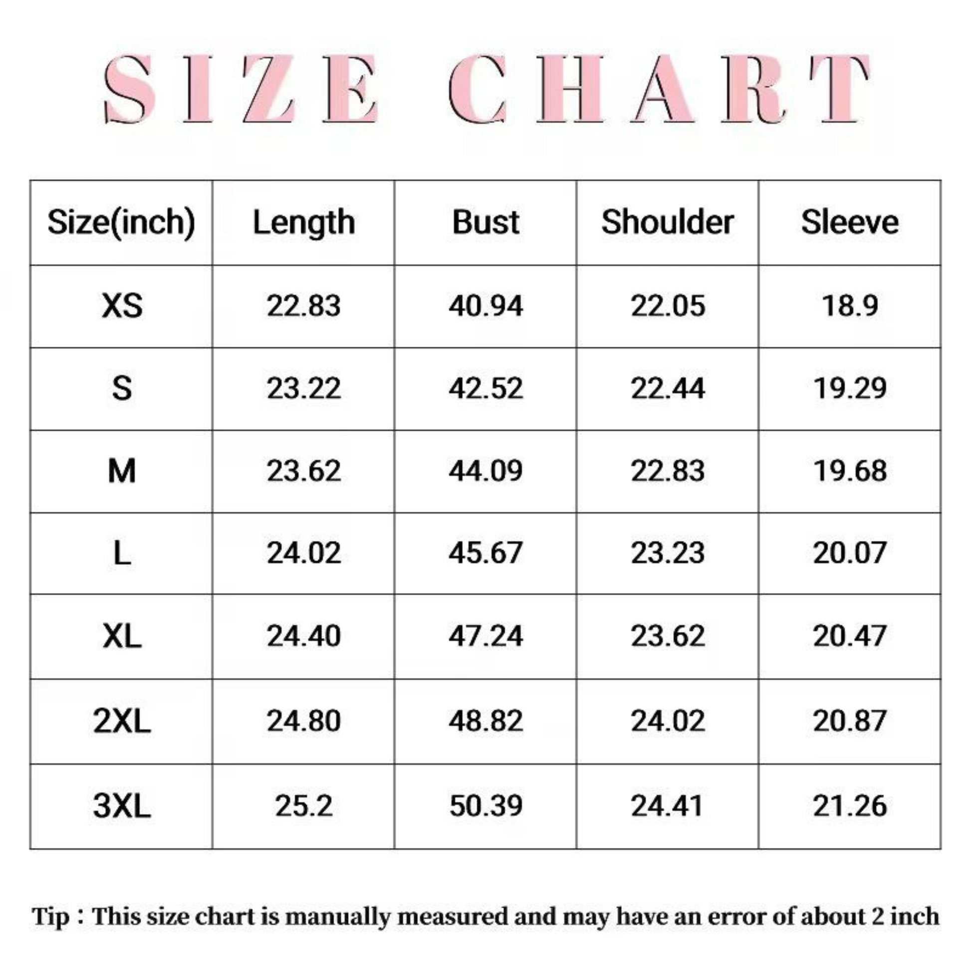 Size chart for clothing measurements in inches