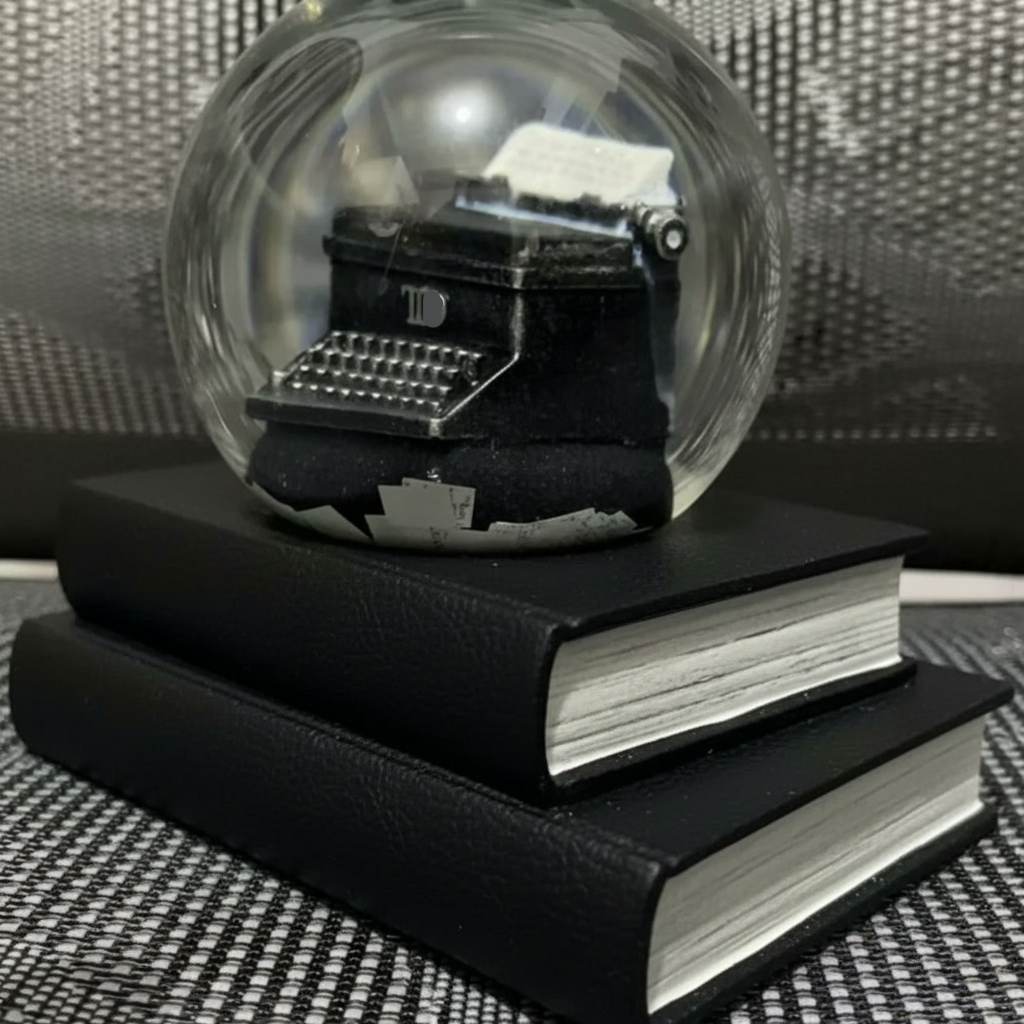Glass snow globe with a typewriter inside, placed on top of two books.