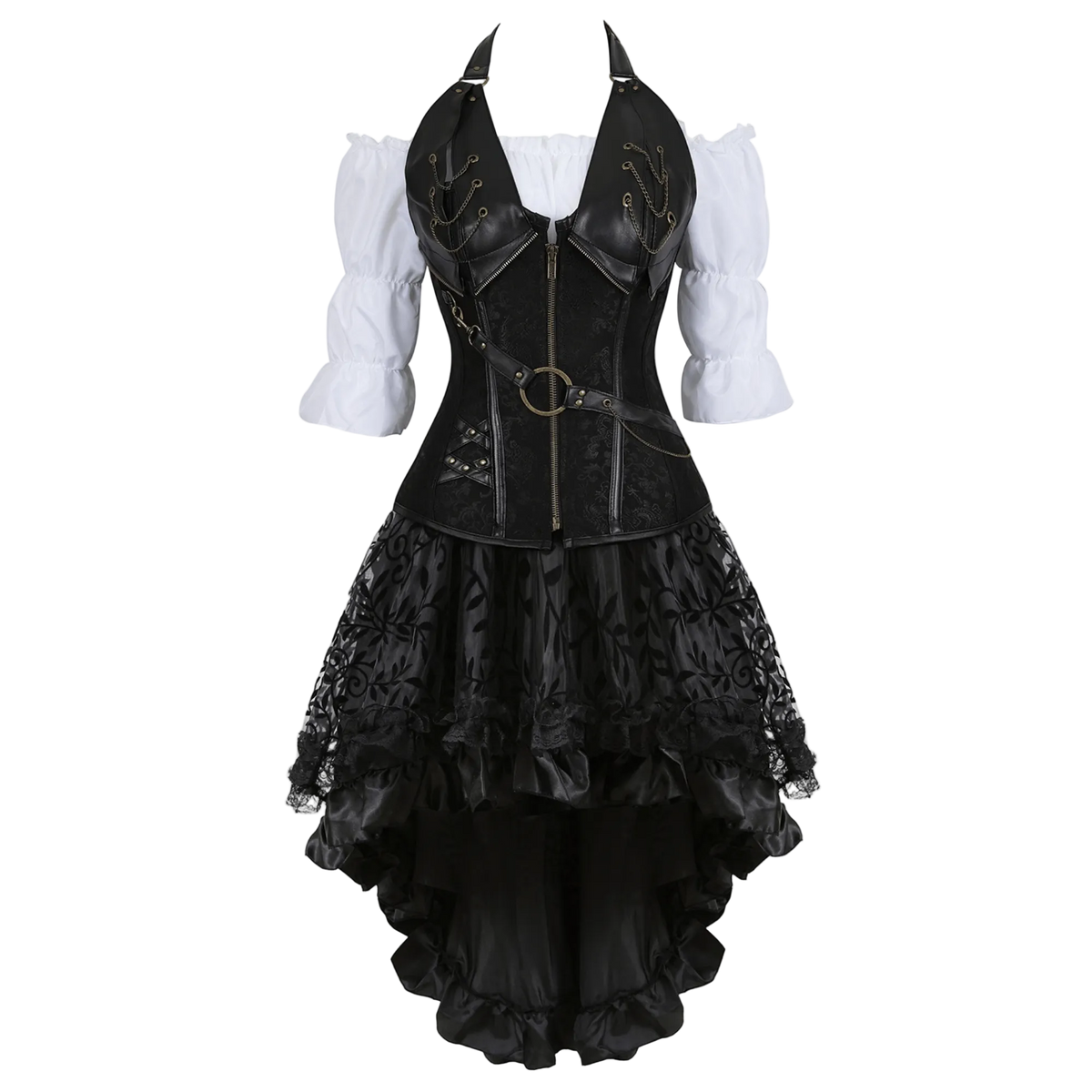 A gothic Lolita-style costume dress featuring a black faux-leather corset vest with gold-tone hardware, a white puff-sleeve blouse underneath, and a layered black ruffled skirt with lace.