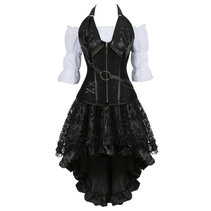 A gothic Lolita-style costume dress featuring a black faux-leather corset vest with gold-tone hardware, a white puff-sleeve blouse underneath, and a layered black ruffled skirt with lace.