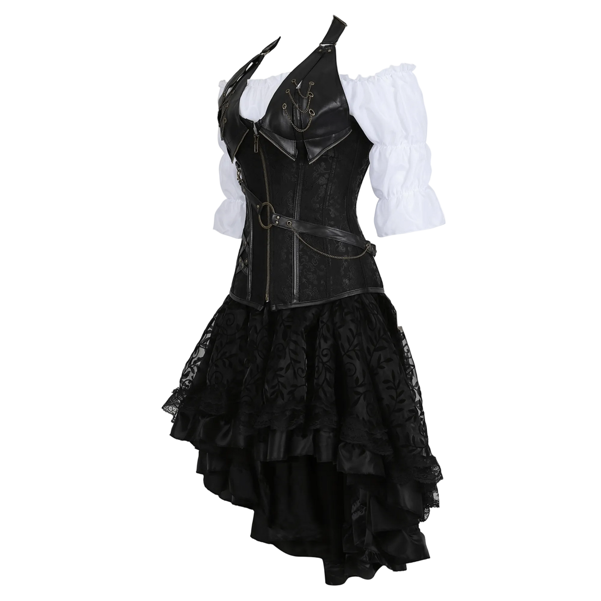 A gothic-style costume dress featuring a black faux-leather corset vest with gold-tone hardware, a white ruffled off-the-shoulder blouse, and a layered black lace and satin skirt, shown on a white background.