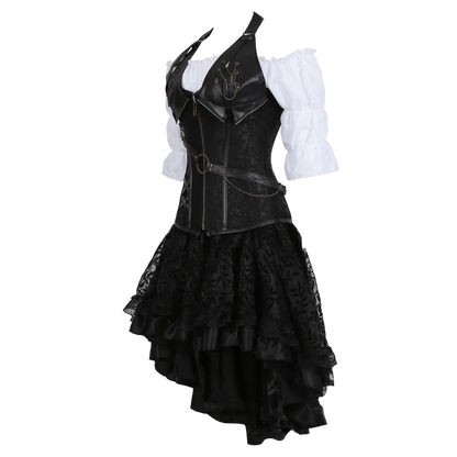 A gothic-style costume dress featuring a black faux-leather corset vest with gold-tone hardware, a white ruffled off-the-shoulder blouse, and a layered black lace and satin skirt, shown on a white background.