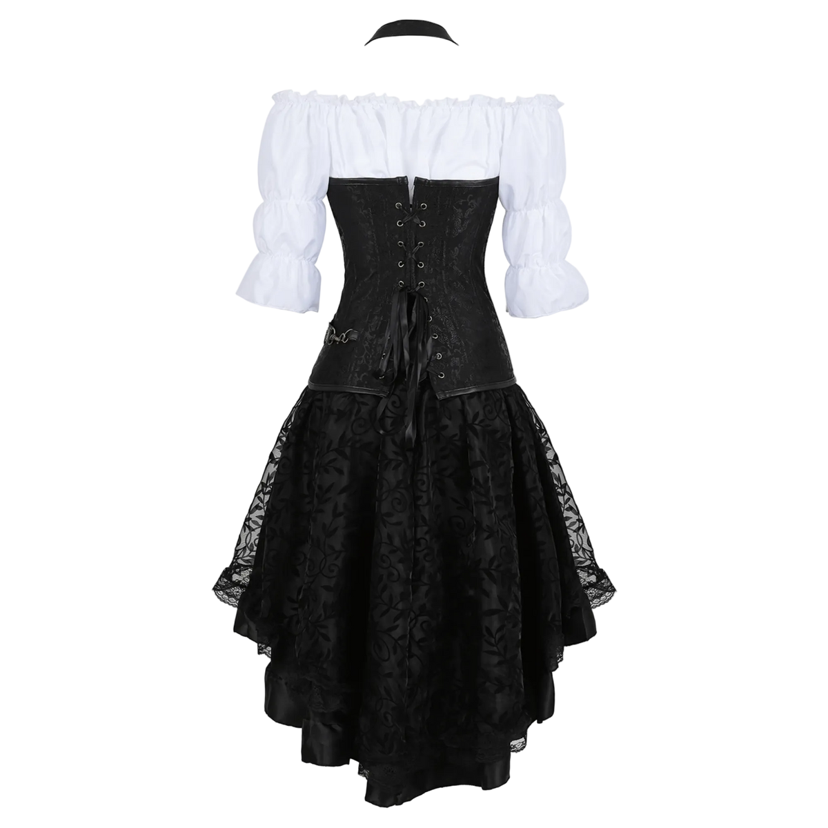 A gothic-style costume dress featuring a black lace corset bodice, a black patterned skirt, and white off-the-shoulder puff sleeves, shown against a plain white background.