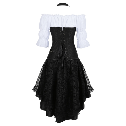 A gothic-style costume dress featuring a black lace corset bodice, a black patterned skirt, and white off-the-shoulder puff sleeves, shown against a plain white background.