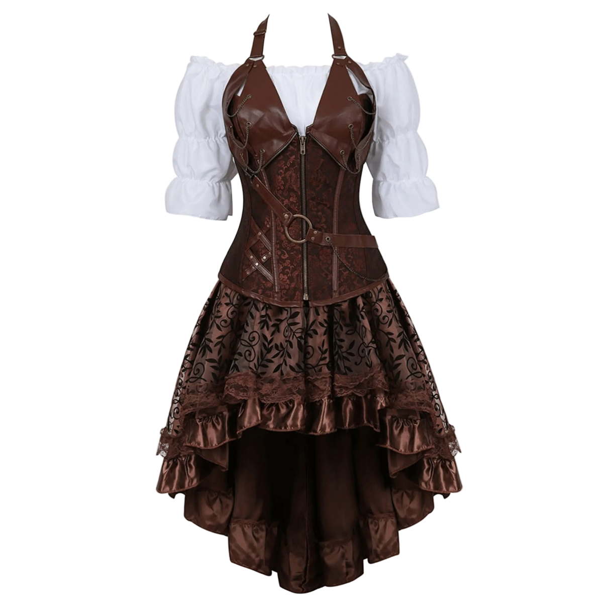 Brown steampunk dress with intricate details on a white background