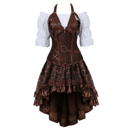 Brown steampunk dress with intricate details on a white background