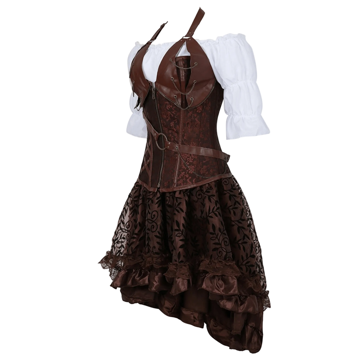 A brown and dark brown steampunk-style costume dress featuring a lace-trimmed corset bodice with front lacing, a white puff-sleeve blouse underneath, and a layered ruffled skirt with a dark floral brocade pattern.