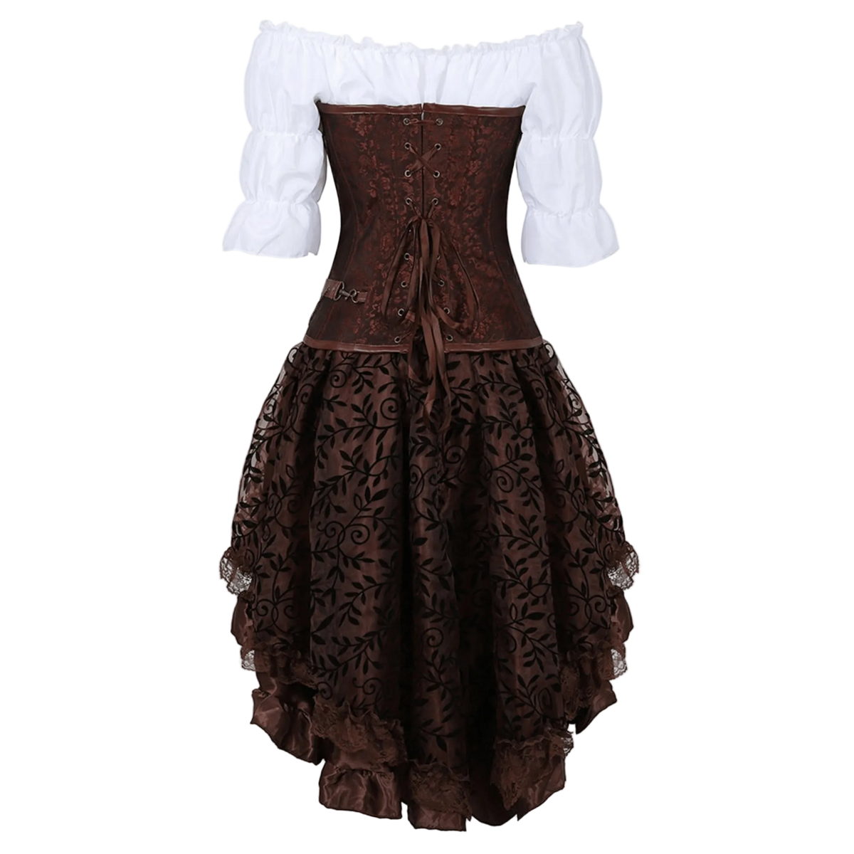 A Victorian-style gothic costume dress featuring a brown lace corset bodice, a matching ruffled brown skirt with floral lace patterns, and an off-the-shoulder white puff-sleeve top.