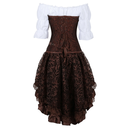 A Victorian-style gothic costume dress featuring a brown lace corset bodice, a matching ruffled brown skirt with floral lace patterns, and an off-the-shoulder white puff-sleeve top.
