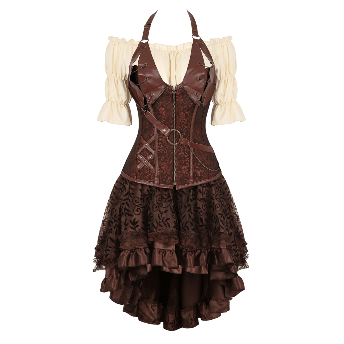 A brown and beige steampunk-style dress featuring a structured brown faux-leather corset bodice with a front zipper, decorative straps, and a dark brown patterned tulle skirt with ruffles, paired with cream puff sleeves.