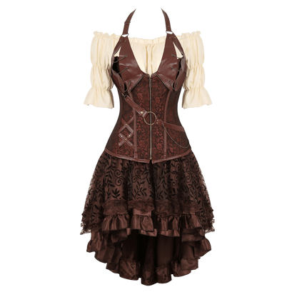 A brown and beige steampunk-style dress featuring a structured brown faux-leather corset bodice with a front zipper, decorative straps, and a dark brown patterned tulle skirt with ruffles, paired with cream puff sleeves.