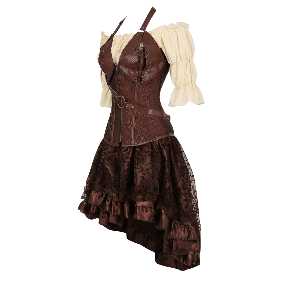 Steampunk-style costume dress with a brown faux-leather corset vest, patterned brown skirt, cream puff sleeves, and a dark ruffled underskirt, shown on a white background.