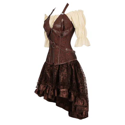 Steampunk-style costume dress with a brown faux-leather corset vest, patterned brown skirt, cream puff sleeves, and a dark ruffled underskirt, shown on a white background.