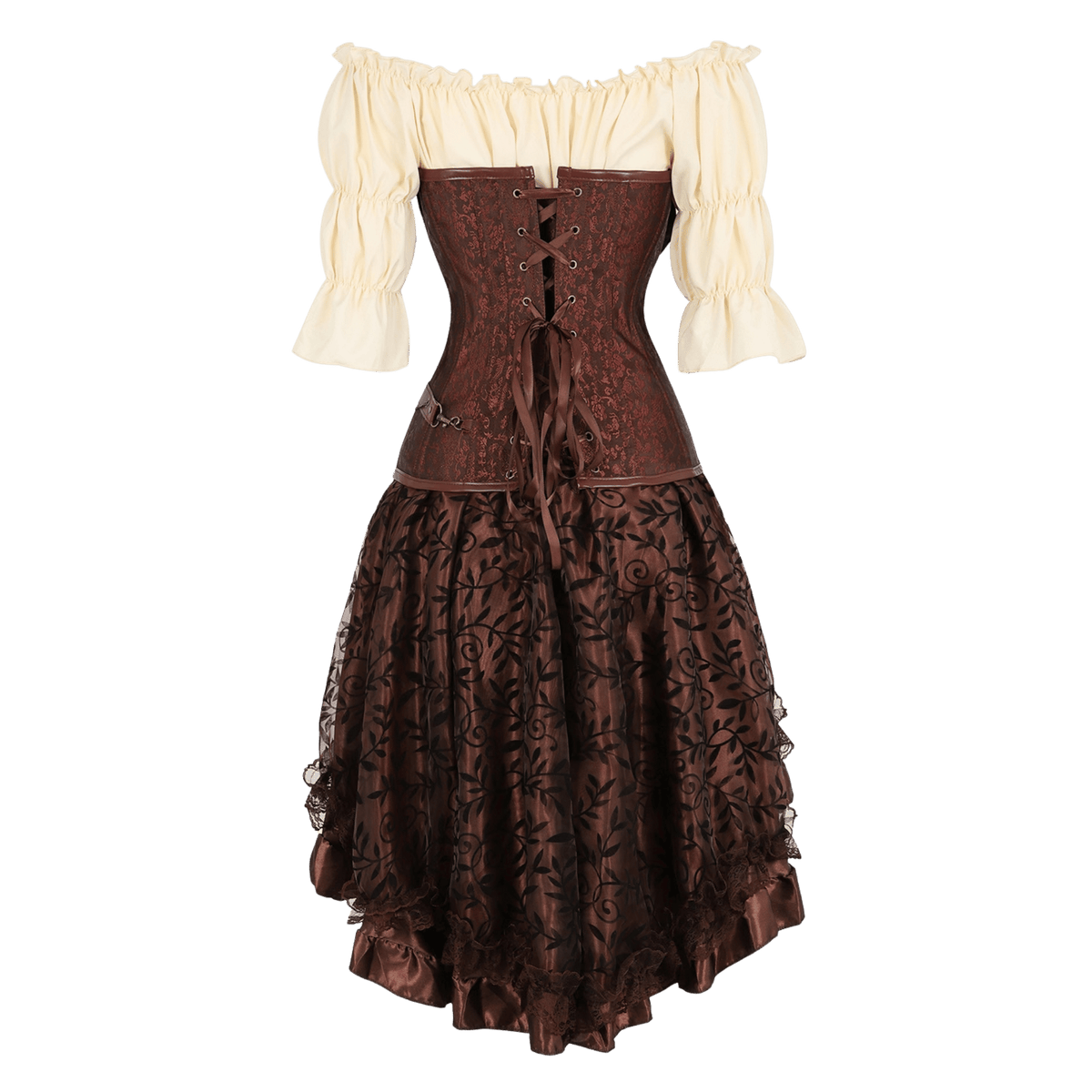 A Victorian-style corset dress featuring a brown lace corset bodice with a front lace-up closure, paired with an off-the-shoulder cream puff-sleeve top and a full brown floral lace skirt.