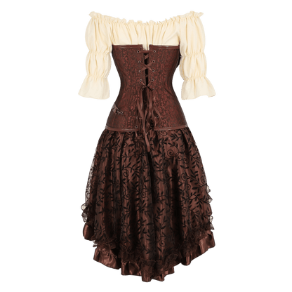 A Victorian-style corset dress featuring a brown lace corset bodice with a front lace-up closure, paired with an off-the-shoulder cream puff-sleeve top and a full brown floral lace skirt.