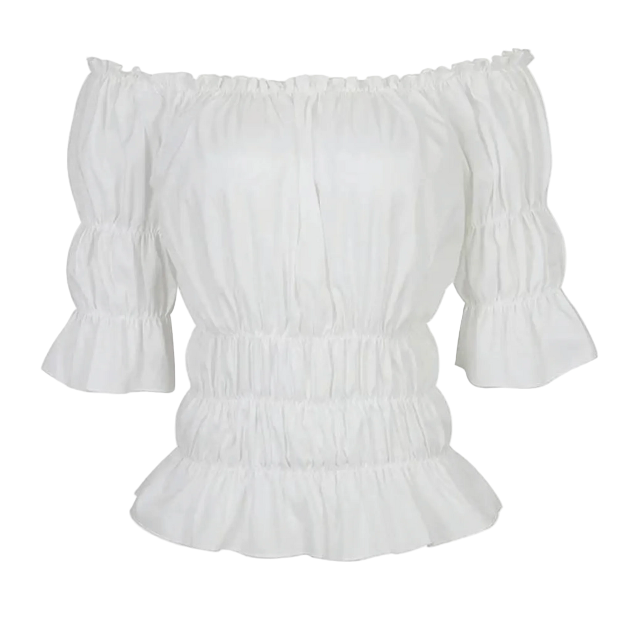 White off-shoulder top with puff sleeves on a white background