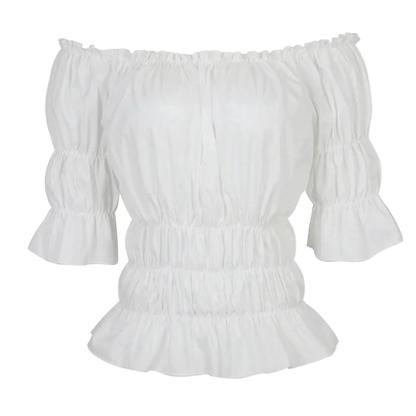 White off-shoulder top with puff sleeves on a white background