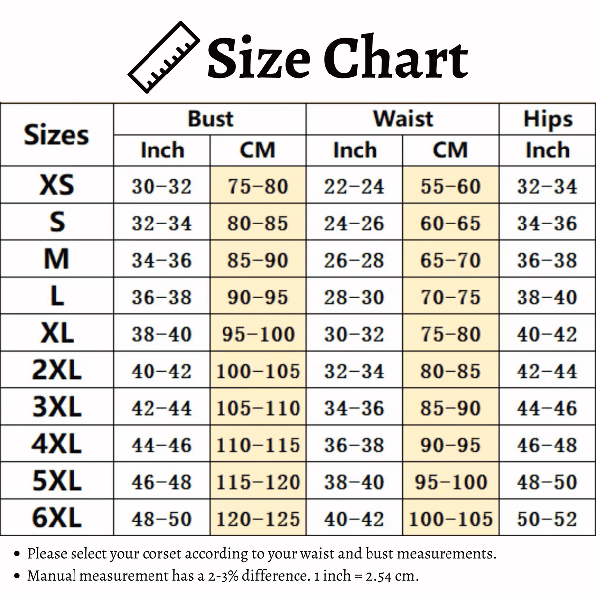 Size chart for corsets with measurements in inches and centimeters.