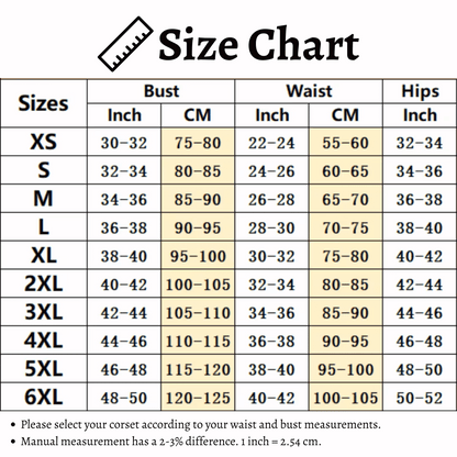 Size chart for corsets with measurements in inches and centimeters.