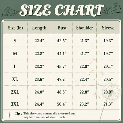 A size chart graphic with a dark green header reading 'SIZE CHART' and a table listing sizes S through 3XL with measurements for length, bust, shoulder, and sleeve. A small tip note at the bottom says the chart is manually measured and may have an error of about 1 inch.