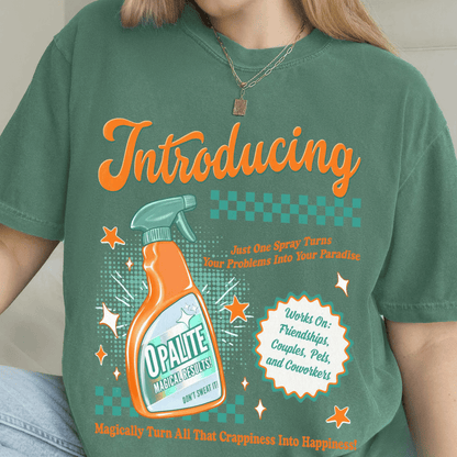 Person wearing a green t-shirt with a colorful graphic and text, featuring the brand 'Opalite'.