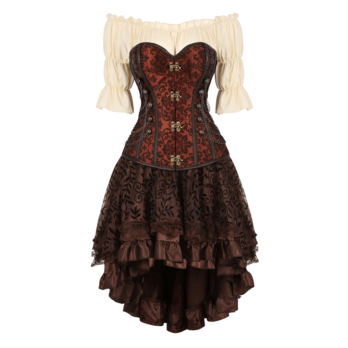A Victorian-style corset dress featuring a red and brown embroidered corset bodice with gold-tone buttons, a cream off-the-shoulder puff-sleeve top, and a layered dark brown ruffled skirt with floral lace.