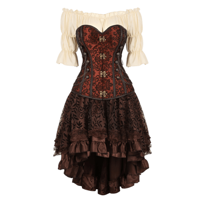 A Victorian-style corset dress featuring a red and brown embroidered corset bodice with gold-tone buttons, a cream off-the-shoulder puff-sleeve top, and a layered dark brown ruffled skirt with floral lace.