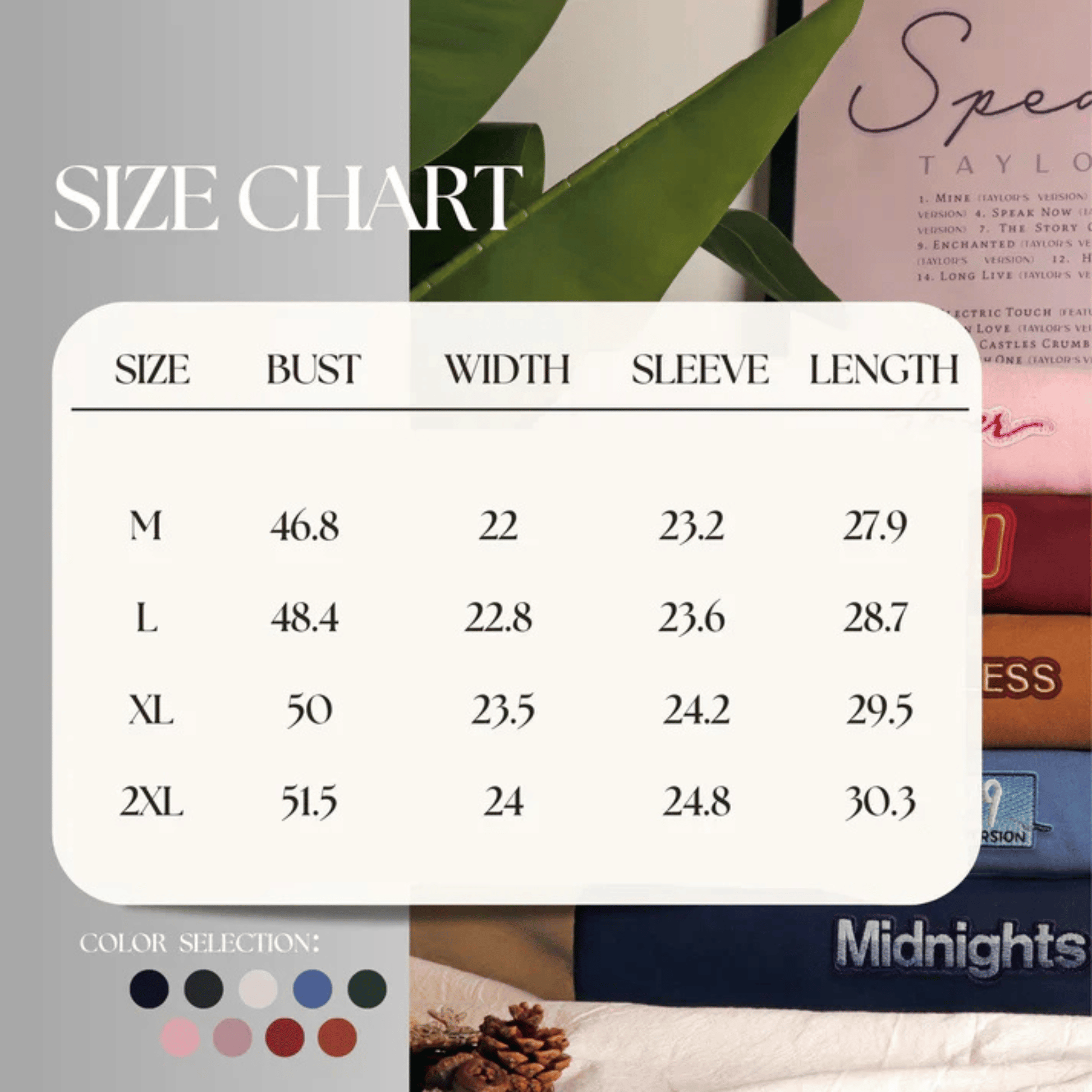 A size chart table for a women's garment, showing sizes M, L, XL, and 2XL with bust, width, sleeve, and length measurements. The chart is overlaid on a styled background with a plant leaf, a framed print, and a color swatch row labeled 'Midnights'.