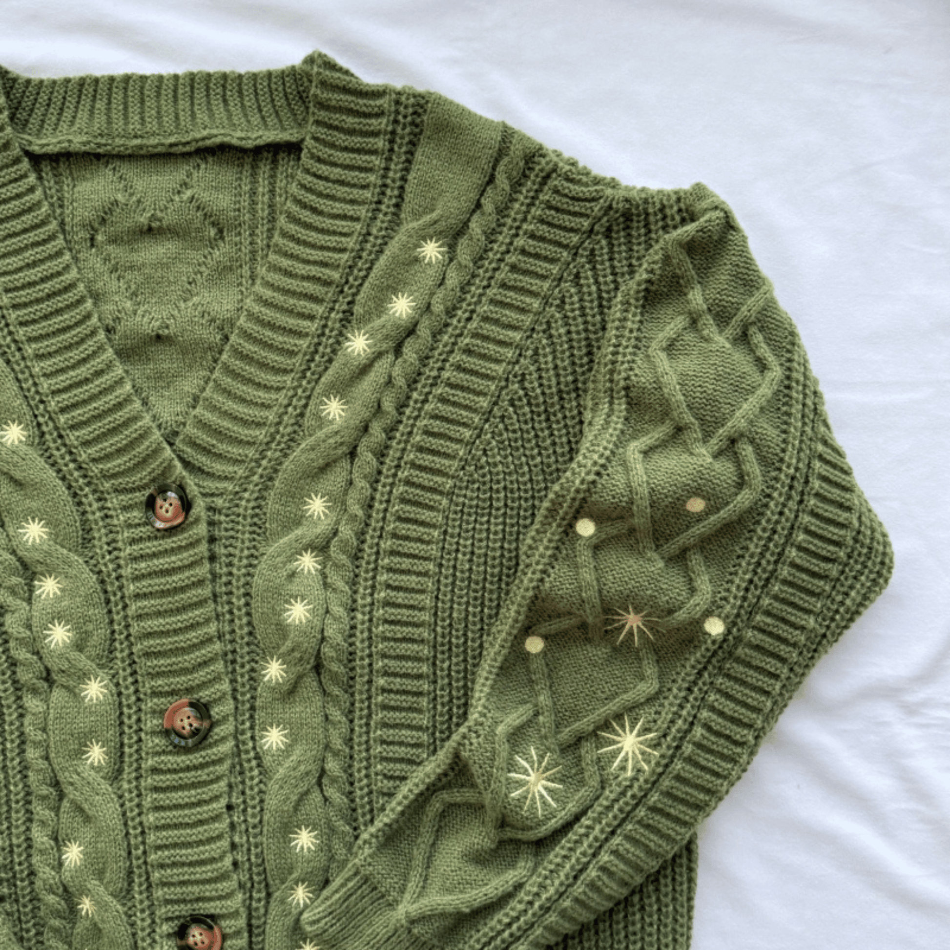 An olive green cable-knit cardigan sweater with cream embroidered star details and brown buttons, laid flat on a white fabric background.