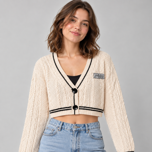 A woman wearing a cream cable-knit cropped cardigan with black trim and buttons, styled with light blue jeans over a black top, against a solid gray studio background.