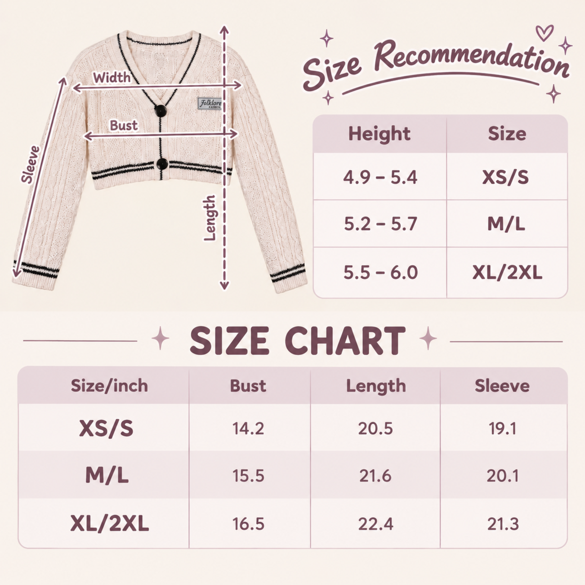 A size chart and measurement guide for the folklore cropped knit cardigan. The top section shows a labeled front view of the cardigan with arrows marking width, bust, and length, plus a size recommendation table linking height ranges to sizes XS/S, M/L, and XL/2XL.