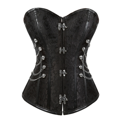 Black corset bustier with a subtle damask pattern, featuring silver-tone metal chain drapes and decorative buckles on the front and sides, shown against a plain white background.