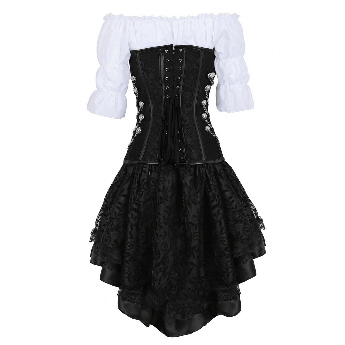 Black Victorian pirate costume set layered high-low skirt and belt with utility pouch detail