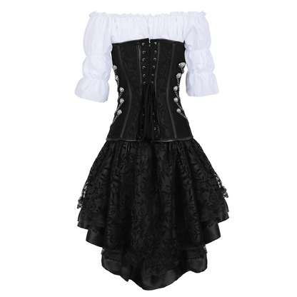 Black Victorian pirate costume set layered high-low skirt and belt with utility pouch detail