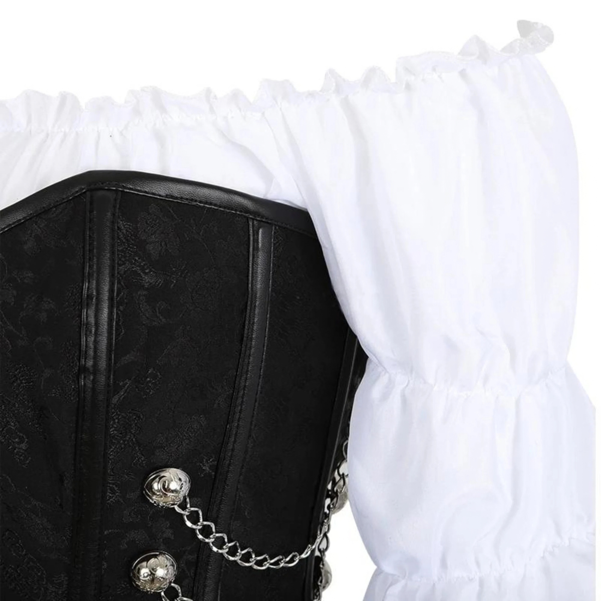 Close-up of a black lace-trimmed corset with silver chain and bead details, paired with white ruffled off-the-shoulder sleeves on a plain white background.