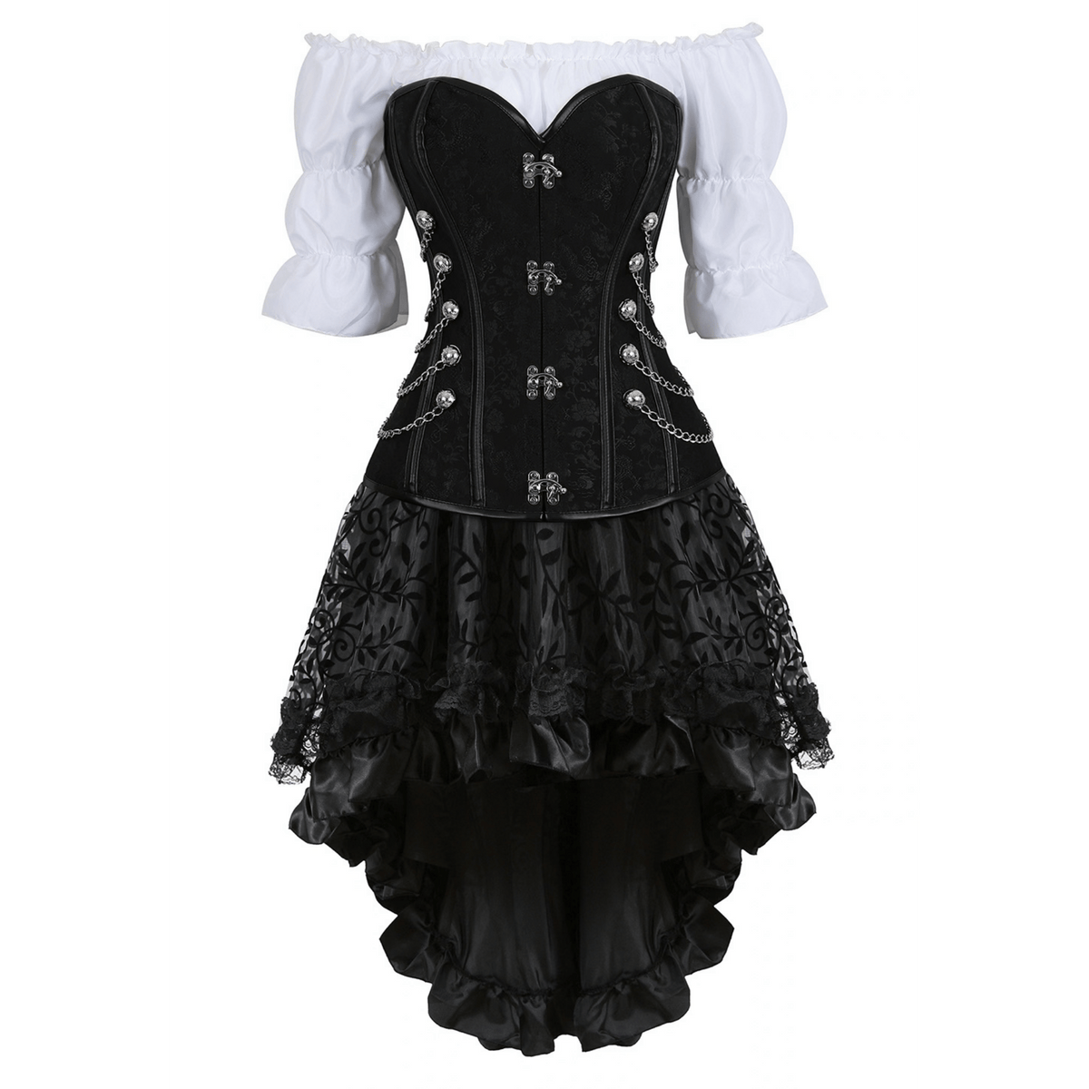Black steampunk pirate costume set three piece front view corset skirt and blouse