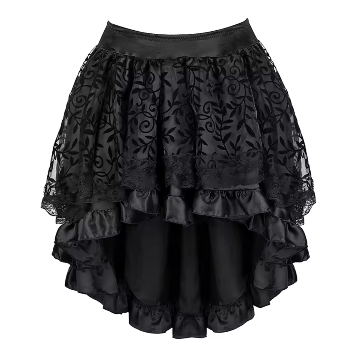 A black high-low skirt featuring a layered ruffle design, combining sheer floral lace overlay with a satin underlayer, set against a plain white background.