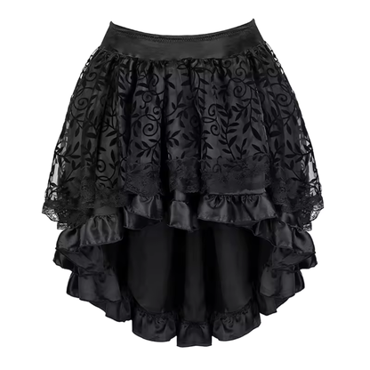 A black high-low skirt featuring a layered ruffle design, combining sheer floral lace overlay with a satin underlayer, set against a plain white background.